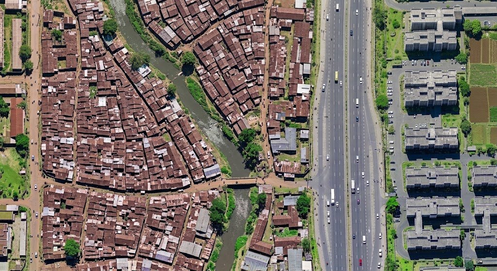 Aerial image of a dense neighbourhood beside a river and a multi-lane highway