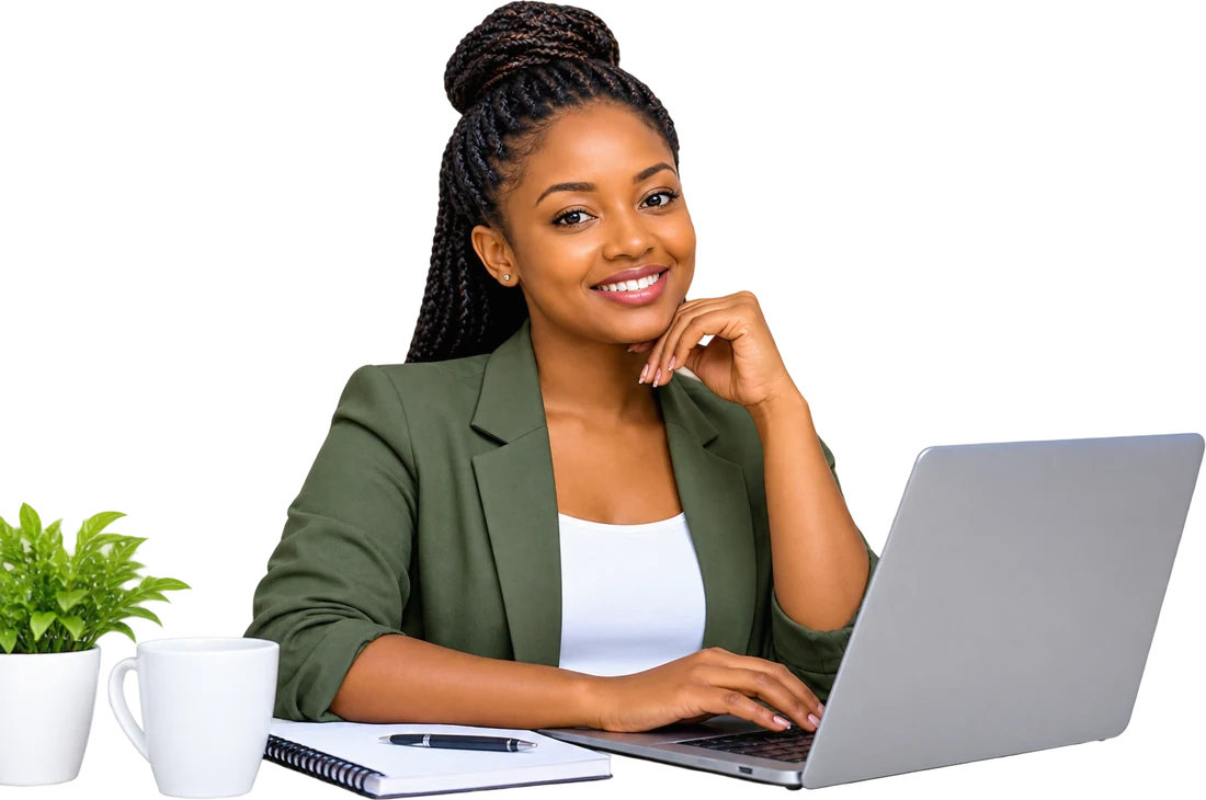 A smiling Geopram team member working on her laptop at a tidy desk